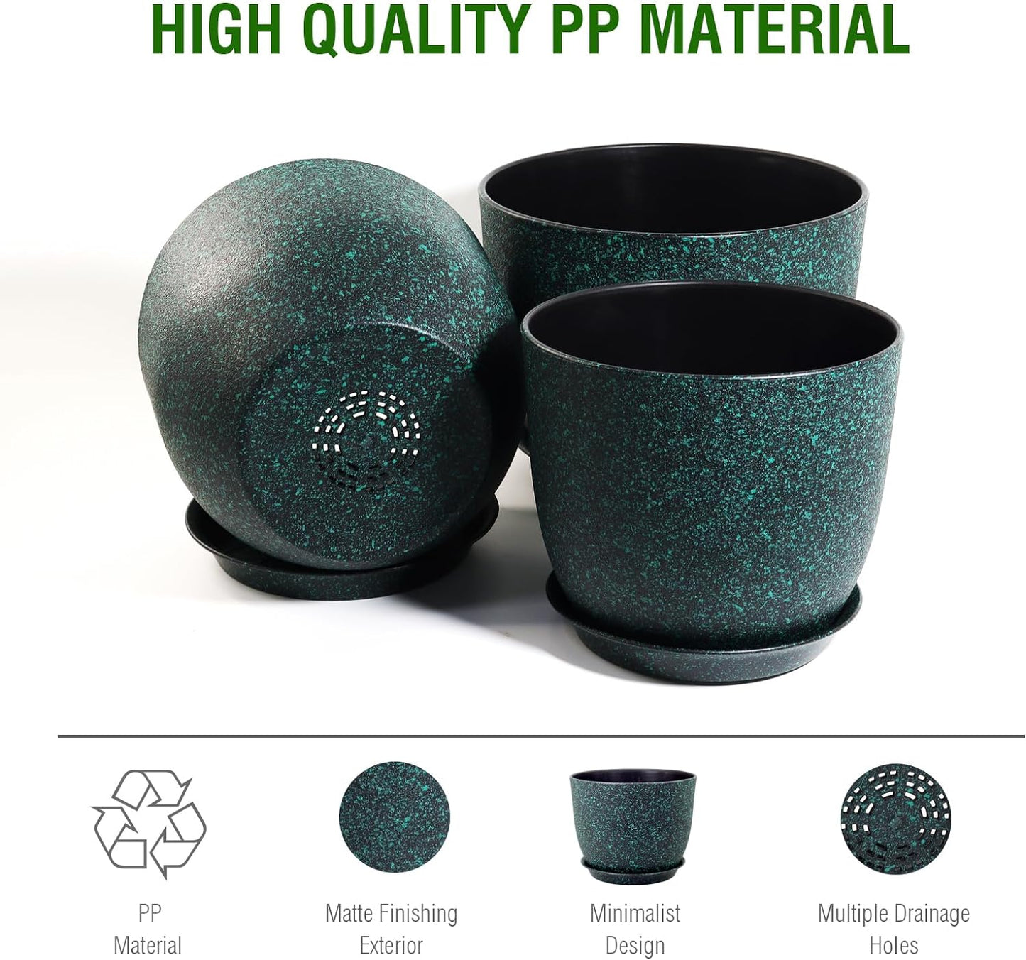 Plant Pots 9/8/7.5inch, Set of 3 Modern Decorative Plastic Planters with Drainage Holes and Saucer for Garden House Plants, Flower Pots for Indoor Outdoor Plants, Black with Green Speckles