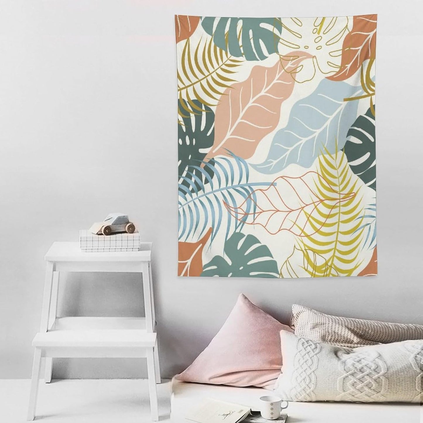 ICMOLYYENLO Boho Green Leaves Tapestry, Mid Century Abstract Tropical Palm Leaves Modern Minimalist Geometric Wall Hanging, Neutral Home Decor Art for Living Room Bedroom Dorm 40x60 Inch
