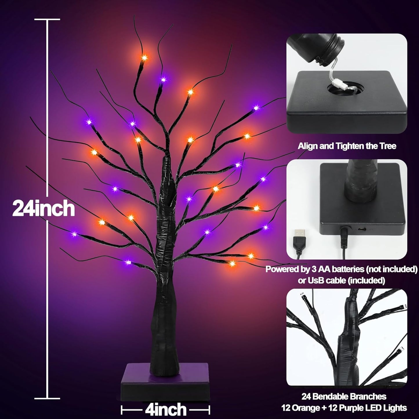 [Timer] 2 Pack 24 Inch Black Halloween Tree with Orange Purple Lights, USB/Battery Operated Light Up Halloween Table Decorations, Spooky Halloween Decorations Indoor Home Mantle Room Party Decor