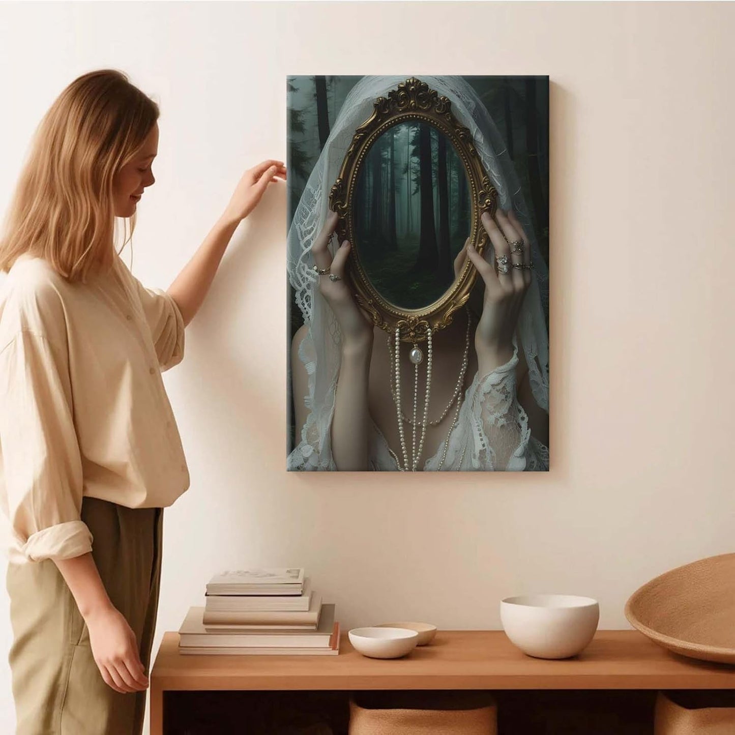 Mirror face covering dark art poster print melancholy gothic painting vintage feminine print victorian style decoration antique art20x30in Frameless