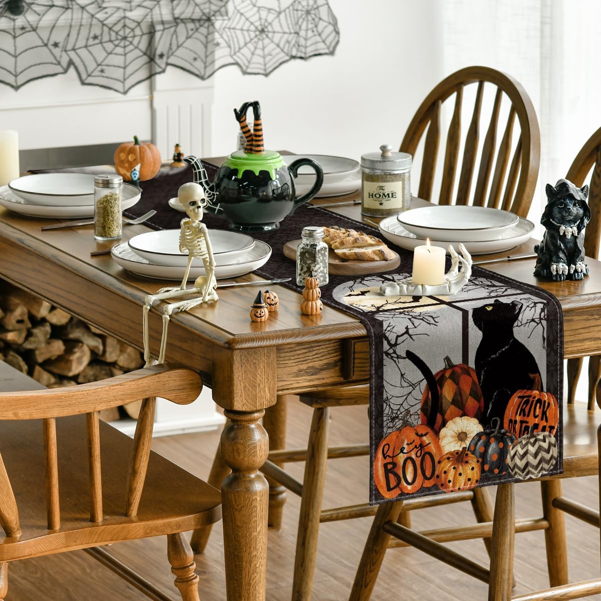 Artoid Mode Black Cat Pumpkins Boo Halloween Table Runner, Trick Or Treat Seasonal Kitchen Dining Table Decoration for Home Party Decor 13x108 Inch