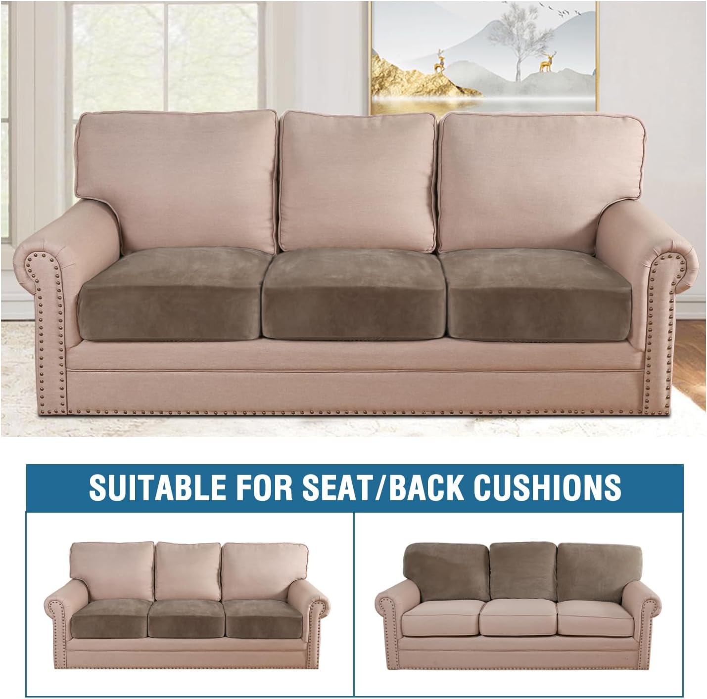 H.VERSAILTEX Velvet Stretch Couch Cushion Cover Plush Cushion Slipcover for Chair Loveseat Sofa Cushion Furniture Protector Seat Cushion Sofa Cover (3 Piece XL Sofa Cushion Covers, Mocha)