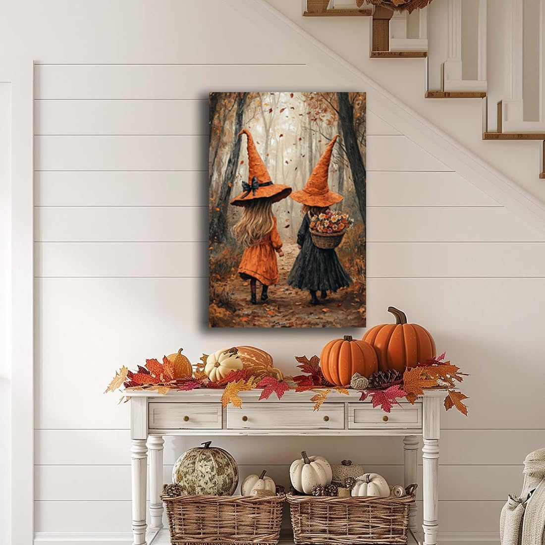 Fall Wall Art Witch Picture Decor,Little Girl Witch Halloween Wall Art, Vintage Autumn Whimsical Woodland Forest Picture, Family Room Nursery Playroom Children Room Decoration,16"x24" Unframed