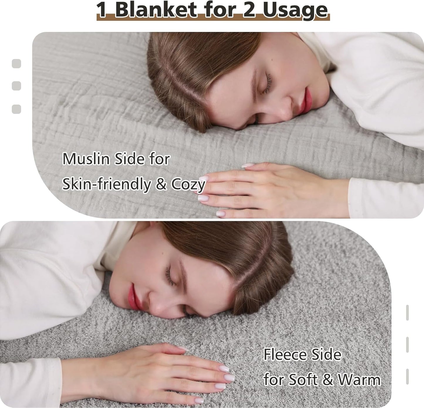 EMME Muslin and Fleece Throw Blanket Reversible - 50"*60" Grey Soft Warm Throw Blankets for Couch Bed Picnic Travel Bed