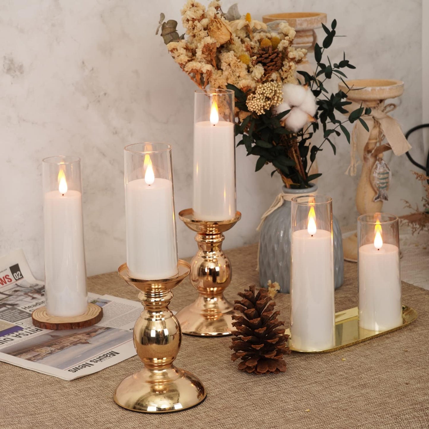 Amagic Pure White Flameless Candles, Battery Operated Candles, Acrylic Flickering LED Pillar Candles with Remote Control and Timer, 3D Wick, Yellow and Blue Glow, D2.2 xH5 6" 7", Set of 9