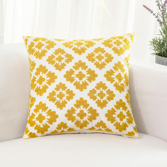 HWY 50 Mustard Yellow Decorative Throw Pillow Covers 18x18 Inch (1 Piece), Embroidered Cotton Farmhouse Cushion Cover Pillow Case for Sofa Couch Living Room Bed, Little Sunflower