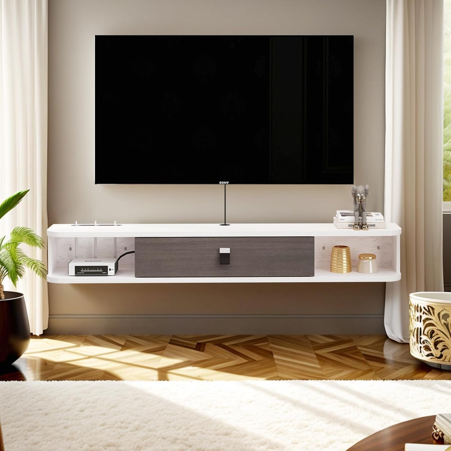 Pmnianhua Floating TV Console,78'' Wall-Mounted Media Console TV Cabinet Floating TV Stand Entertainment Shelf with Door and Storage (Grey-White)
