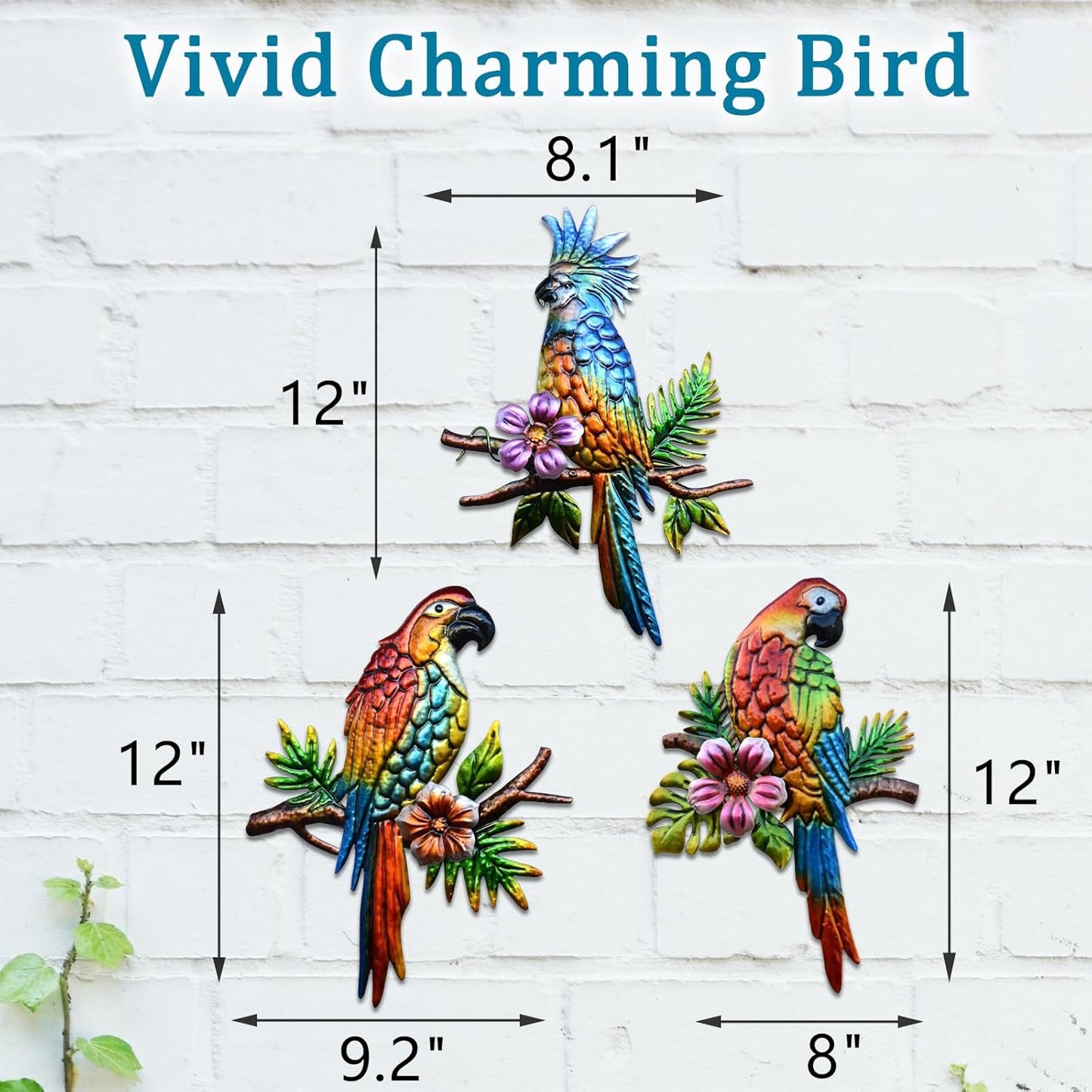 J-Fly Parrot Tropical Wall Art Decor - 3 Hanging Sculptures, Metal, 12" x 8.5", Indoor Kitchen Living Room Wall Mount, Unframed, Glossy, Tropical Style, 3.0 Count