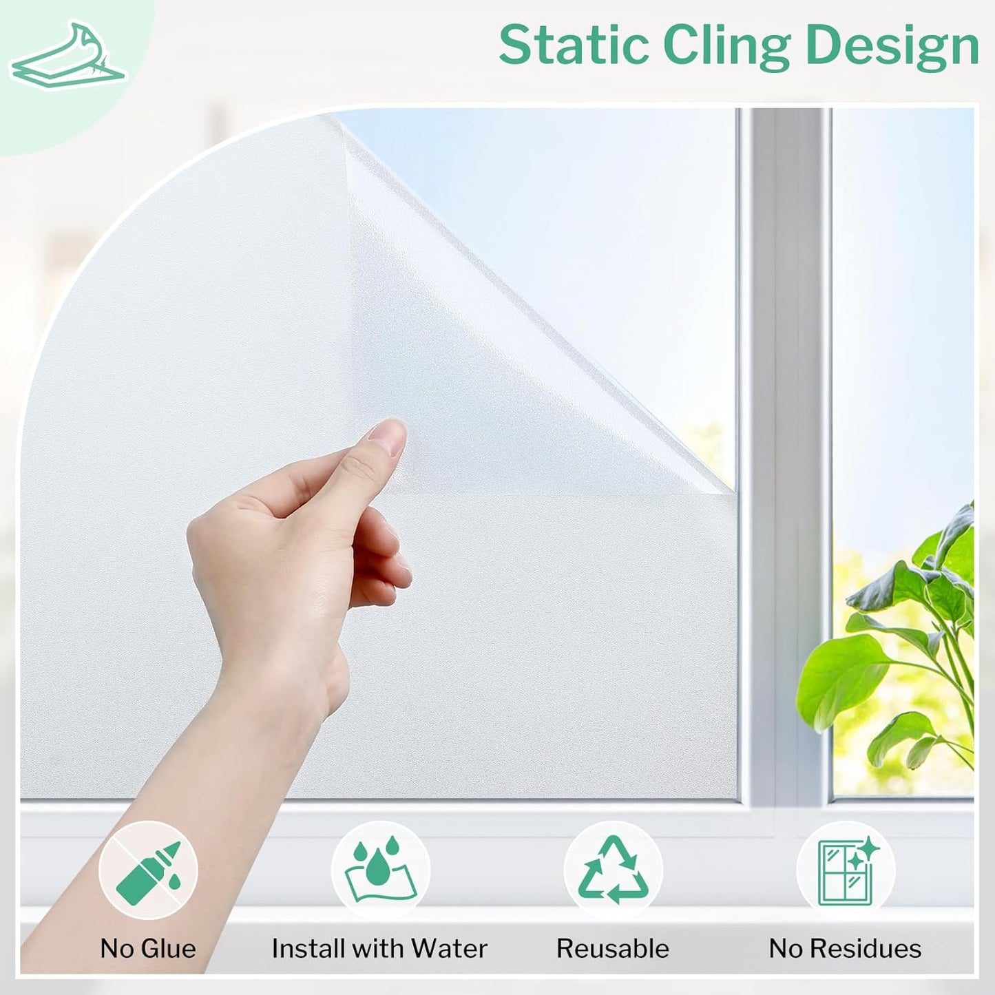 DOWELL Window Privacy Film, Frosted Glass Window Film, Static Cling Non-Adhesive Glass Clings, Sun Blocking Opaque Coverings, Reusable Door Stickers for Bathroom Home Office, Pure, 23.6"x118"