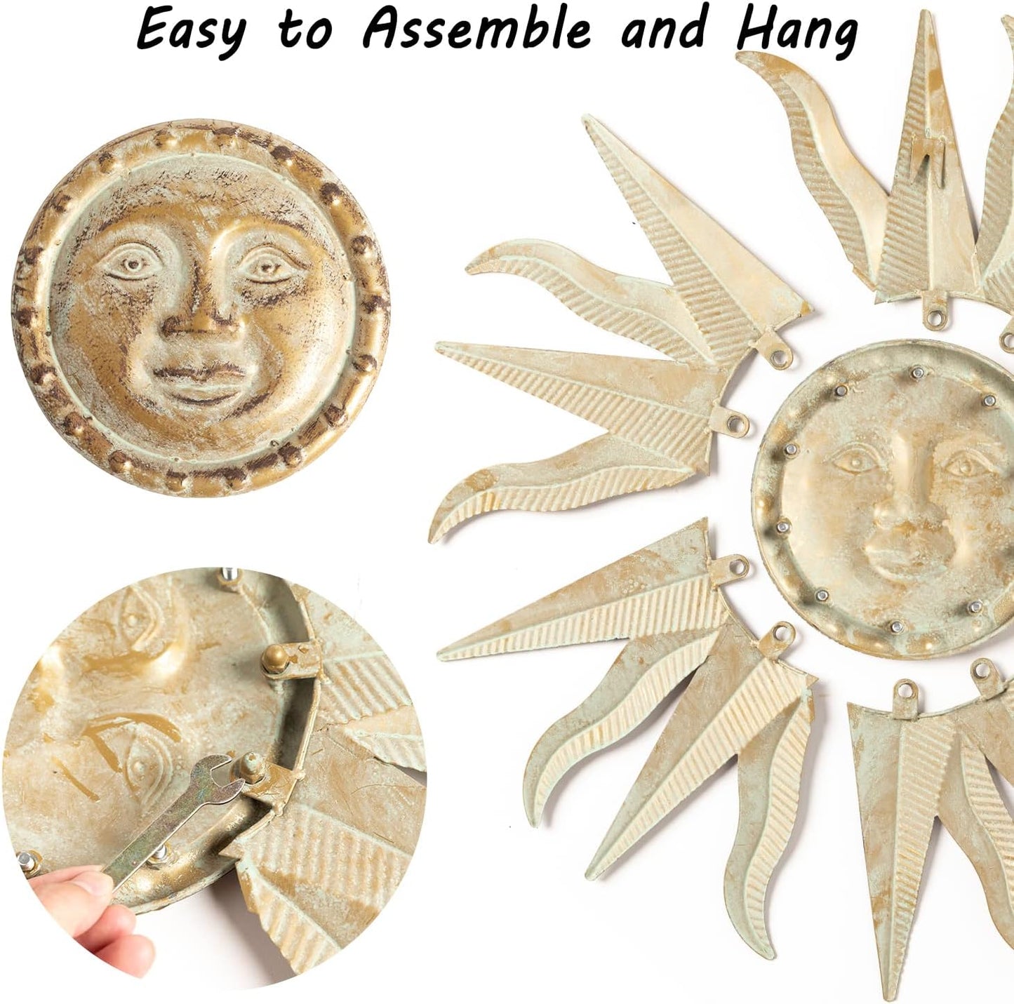 TICKCACY Metal Sun Wall Art Decor Sculpture, 3D Sun Wall Art Decoration Hanging for Outdoor Indoor Garden Farmhouse Yard Patio Living Room Bedroom, 21.65 Inch, Green-gold