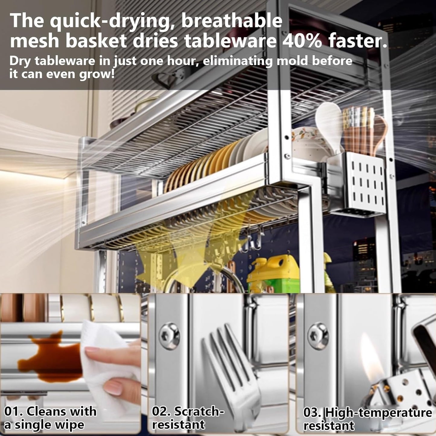 Kitchen Sink Rack Sink Above The Dish Drain Dish Washing Rack Stainless Steel Multifunctional Dish Storage Rack,Over The Sink Drying Rack for Dishes(1,95cm/37.4in)