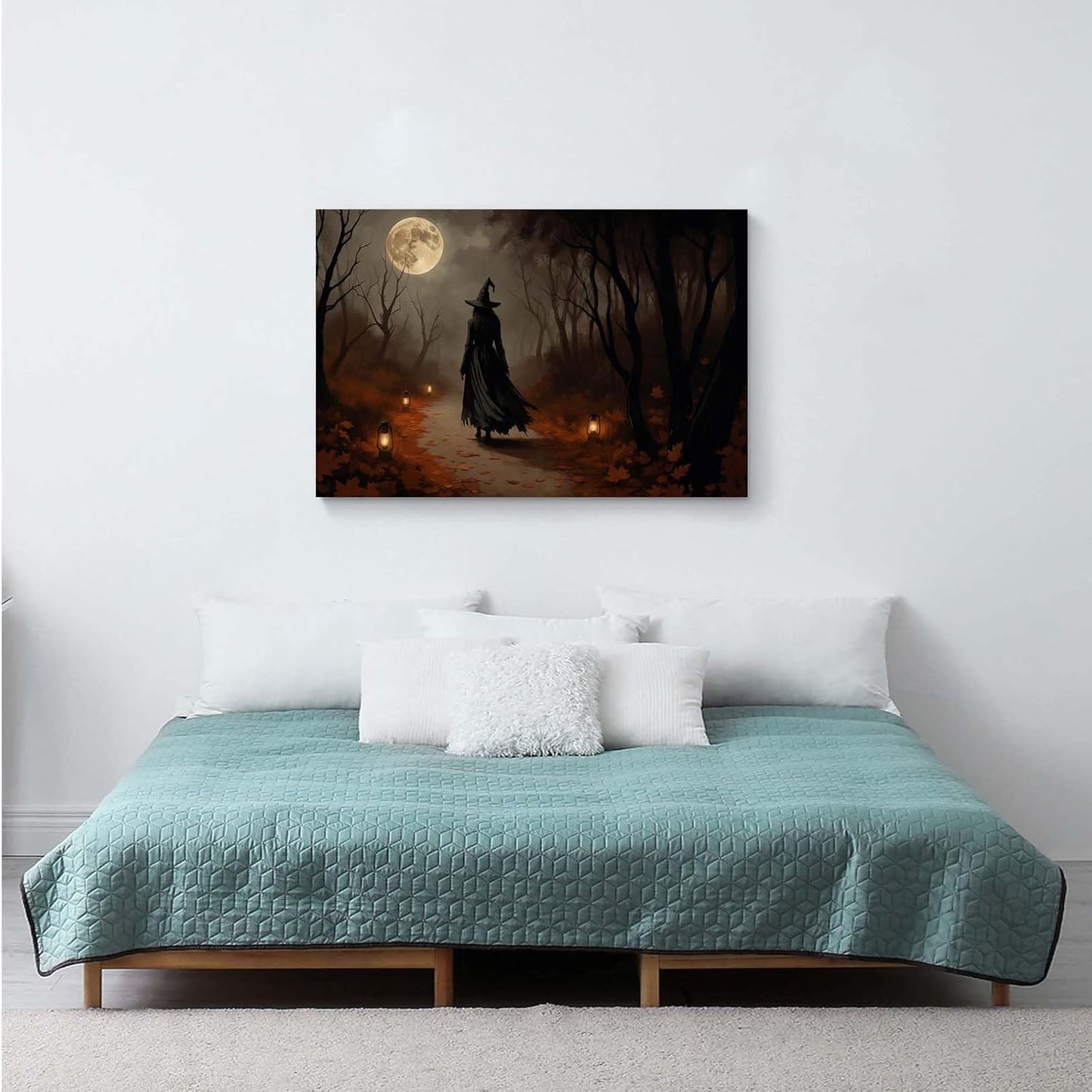 Moonlight witch poster dim lantern Halloween decoration Gothic style dark retro college style canvas wall art suitable for living room bedroom24x36in Wood Framed