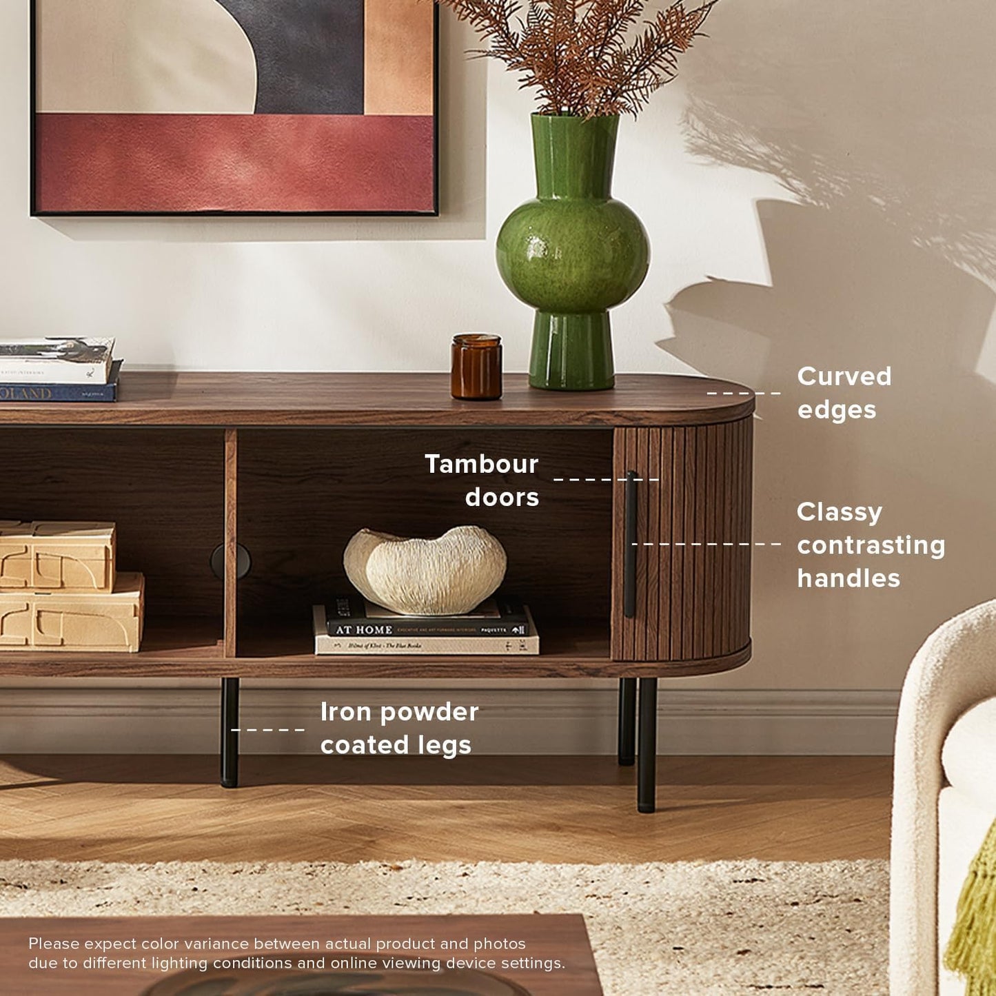 mopio Quin TV Stand, Mid Century Modern for 55/60/65 inch TV, Farmhouse TV Stand, Entertainment Center with Storage, TV and Media Console for Living Room (Walnut, 59" Tambour)