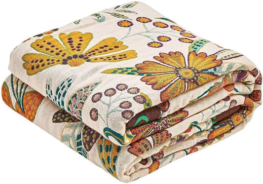 Boho Throw Blanket, 100% Cotton Ultra Soft Luxury Throw Rustic Quilt, 90"x98" Floral Printed Farmhouse Decor Bed Summer Blankets, All Season Rustic Reversible Bohemian Throw for Bed - White
