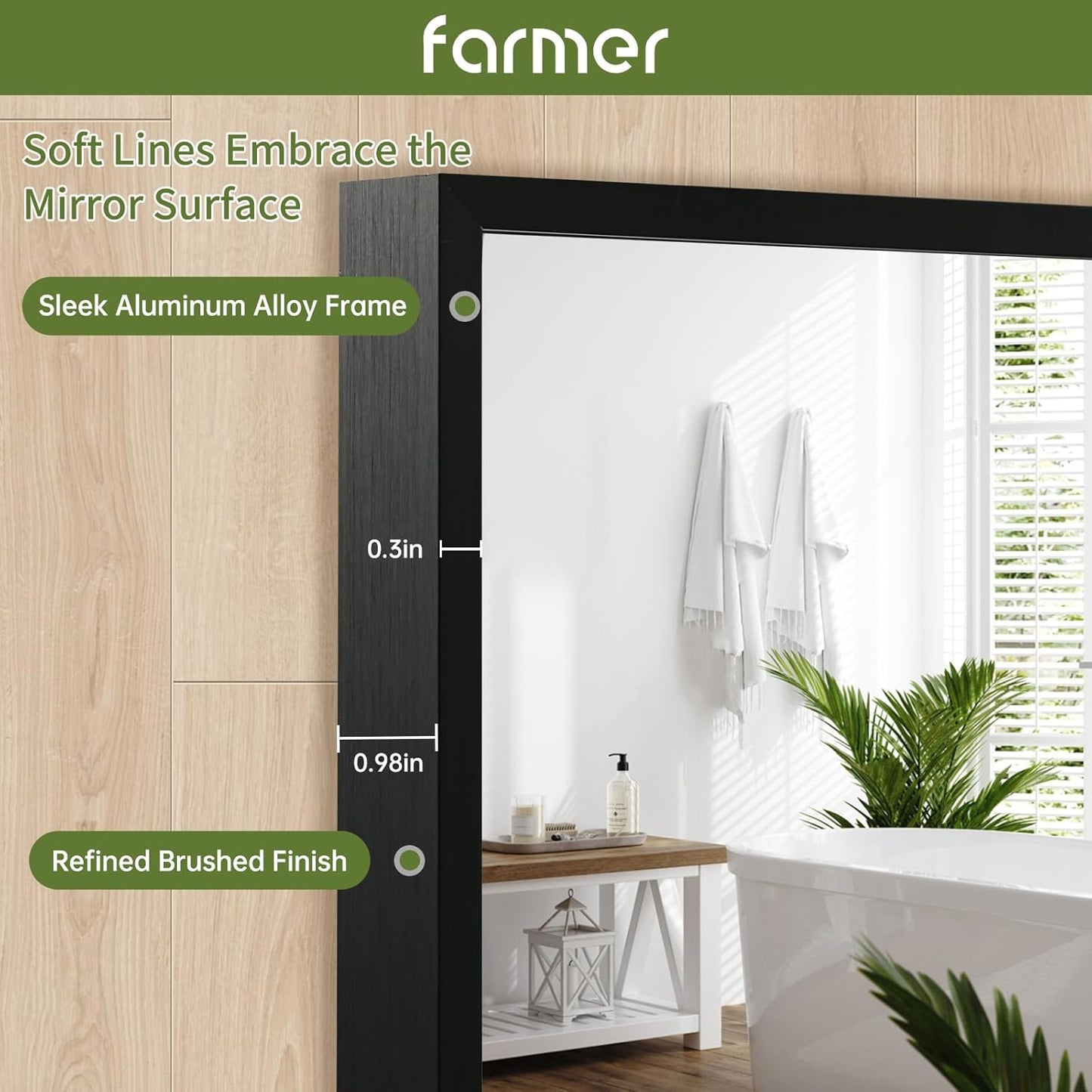 FARMER 16x24 Inch Black Bathroom Mirror, Rectangle Wall Mounted Mirror, Vanity Mirror, Brushed Square Mirror, Framed Bathroom Mirror for Bedrooms, Entryways, Living Rooms, Horizontal/Vertical