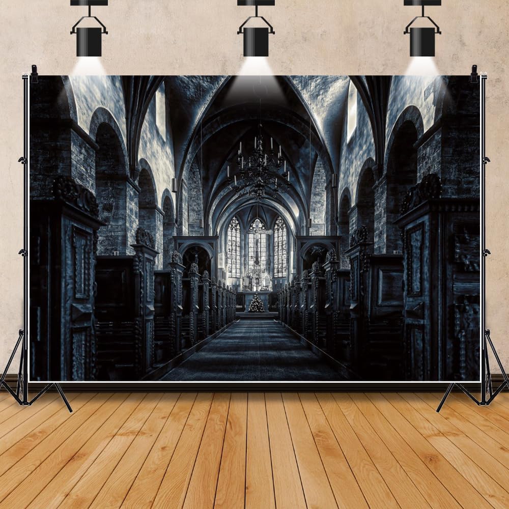 ChloropLastid 15x8ft Scary Church Halloween Backdrop Dark Black Horror Gothic Medieval Castle Interior Photography Background Halloween Night Carnival Theme Party Decor Banner Photo Studio Props