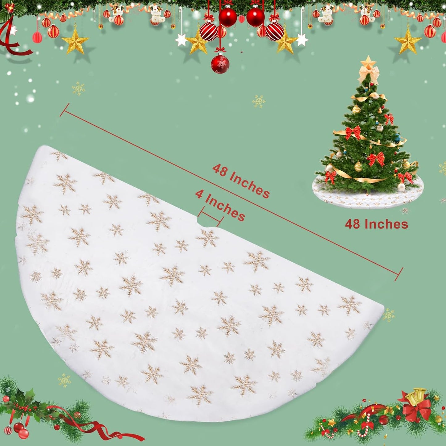 Christmas Tree Skirt, 48 Inch White Luxury Faux Fur & Gold Sequin Snowflakes, 4ft Xmas Tree Skirt for Holiday Tree Ornaments Christmas Party Home Decorations