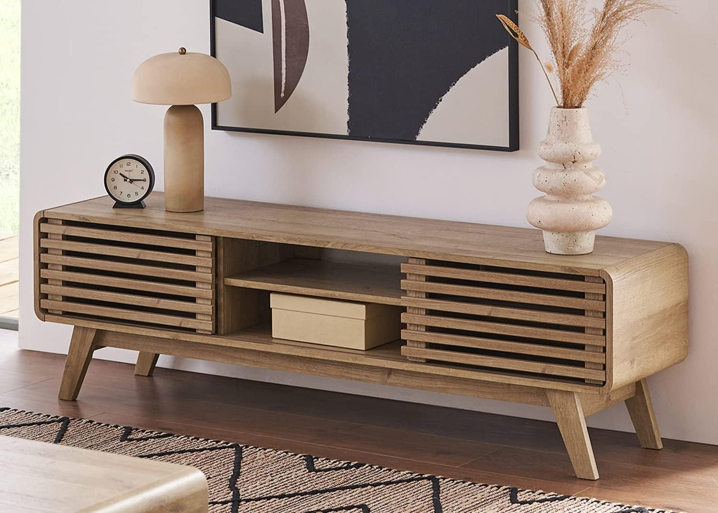 mopio Ensley TV Stand, Mid Century Modern for 55/60/65 inch TV, Farmhouse TV Stand, Entertainment Center with Storage, TV and Media Consol for Living Room (Oak, 59")