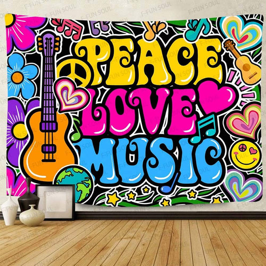 F-FUN SOUL Peace Love and Music Tapestry, 80x60inches Soft Flannel, Guitar Symbol Dove Flowers Psychedelic Art Tapestries Wall Hanging for Bedroom Living Room Decor Banner