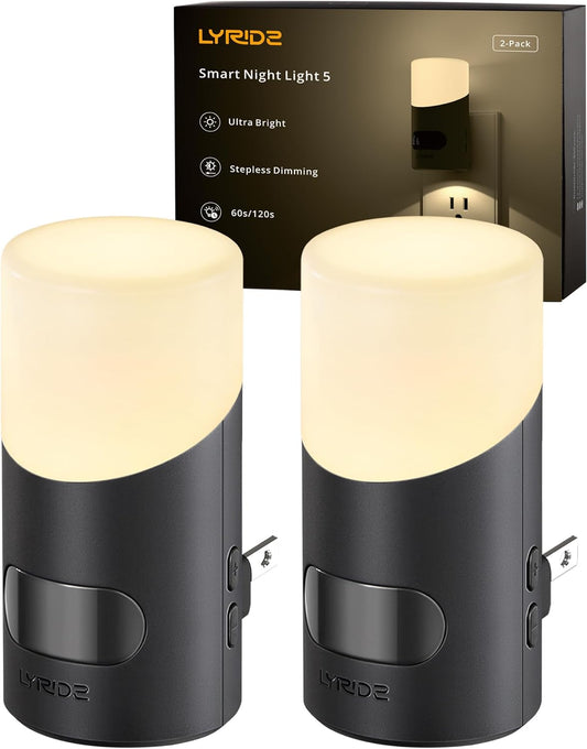 Lyridz LED Night Lights Plug into Wall with Motion Sensor, 1-150LM Dimmable Plug-in Nightlight Indoor for Bedroom, Bathroom, Hallway, Stairs, Pet House, Toilet, 2 Pack