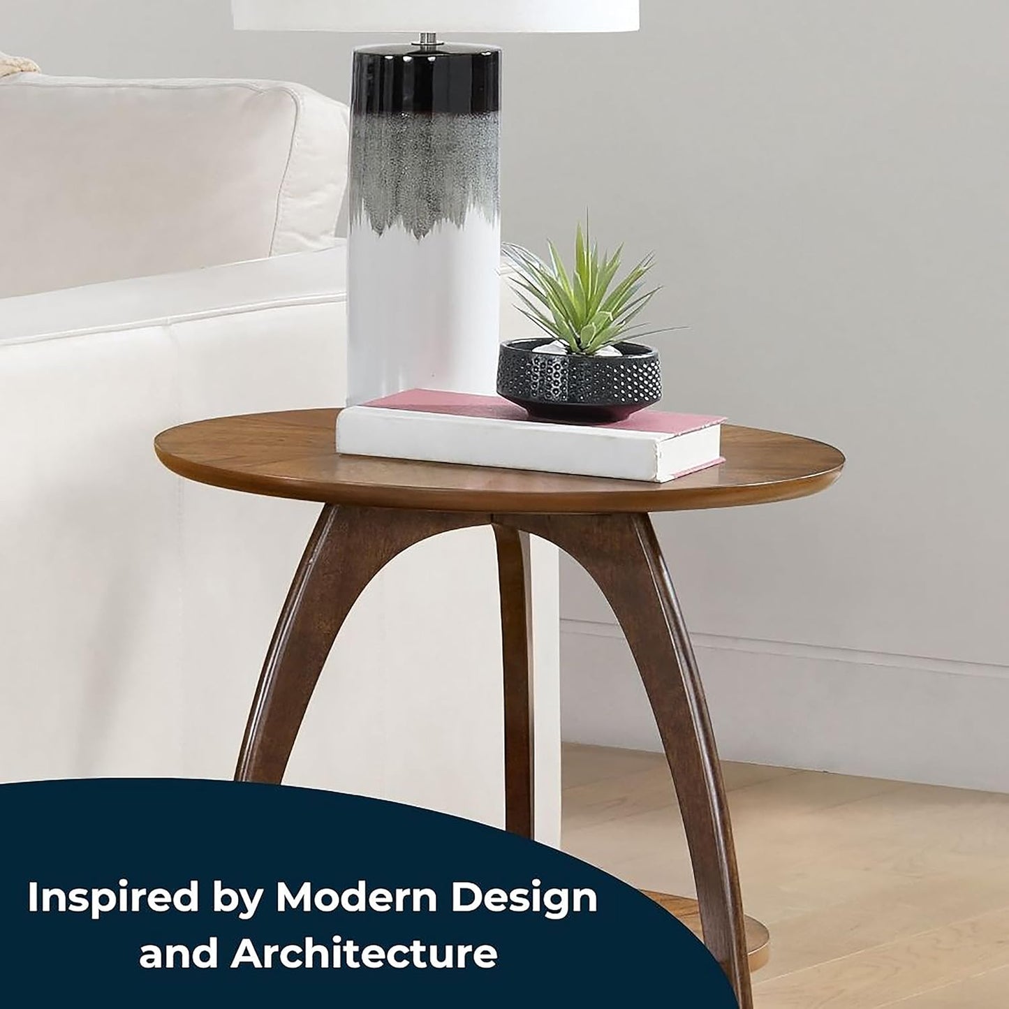 Martin Svensson Home LAX Two-Tone 20-Inch Caramel Brown Round Wood End Side Table with Walnut Legs and Shelf Storage