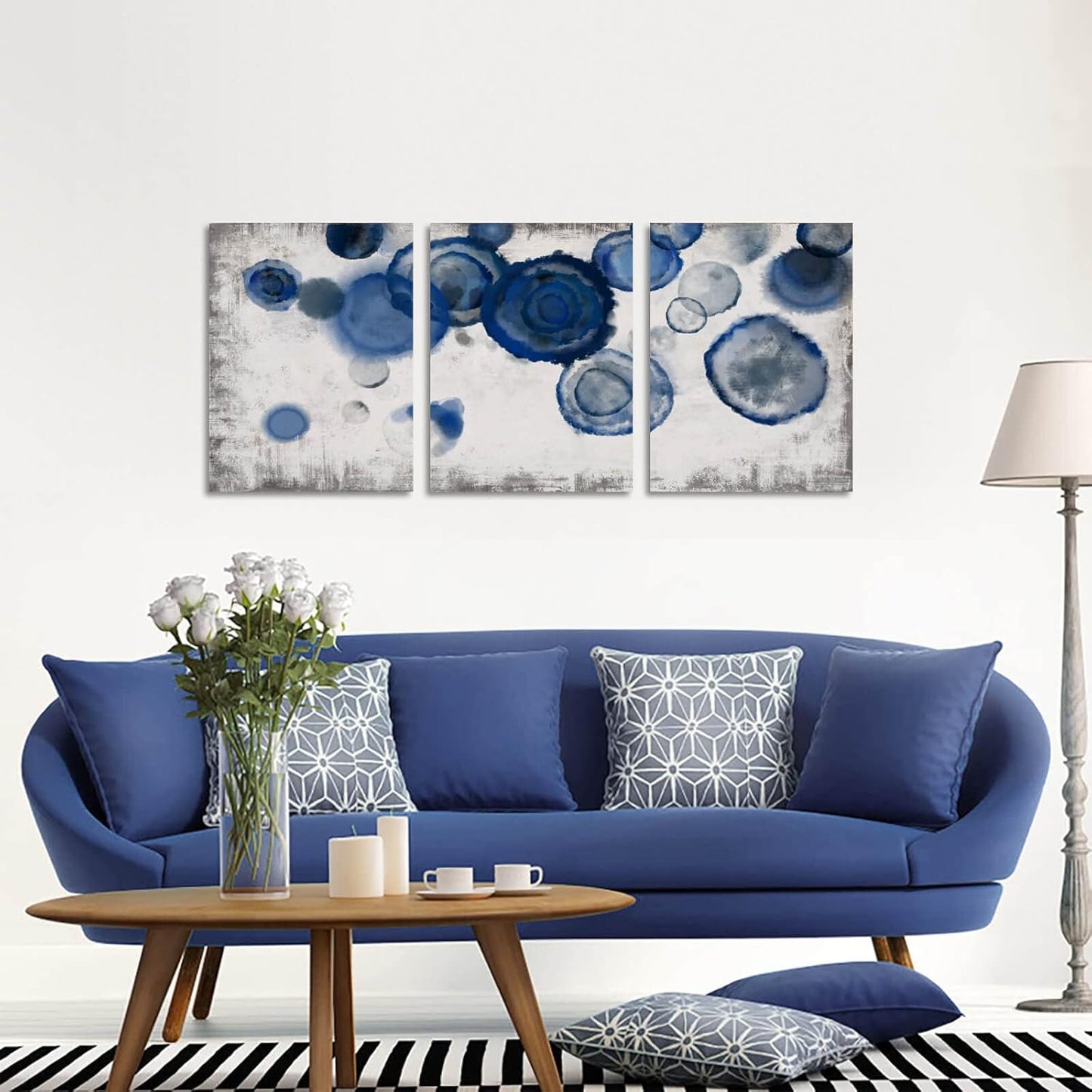 YJYart Abstract Watercolor Wall Painting Pictures for Bathroom Wall Decor Navy Blue Canvas Prints Blue and White Wall Art for Bedroom Kitchen Office 12"x16"x3p