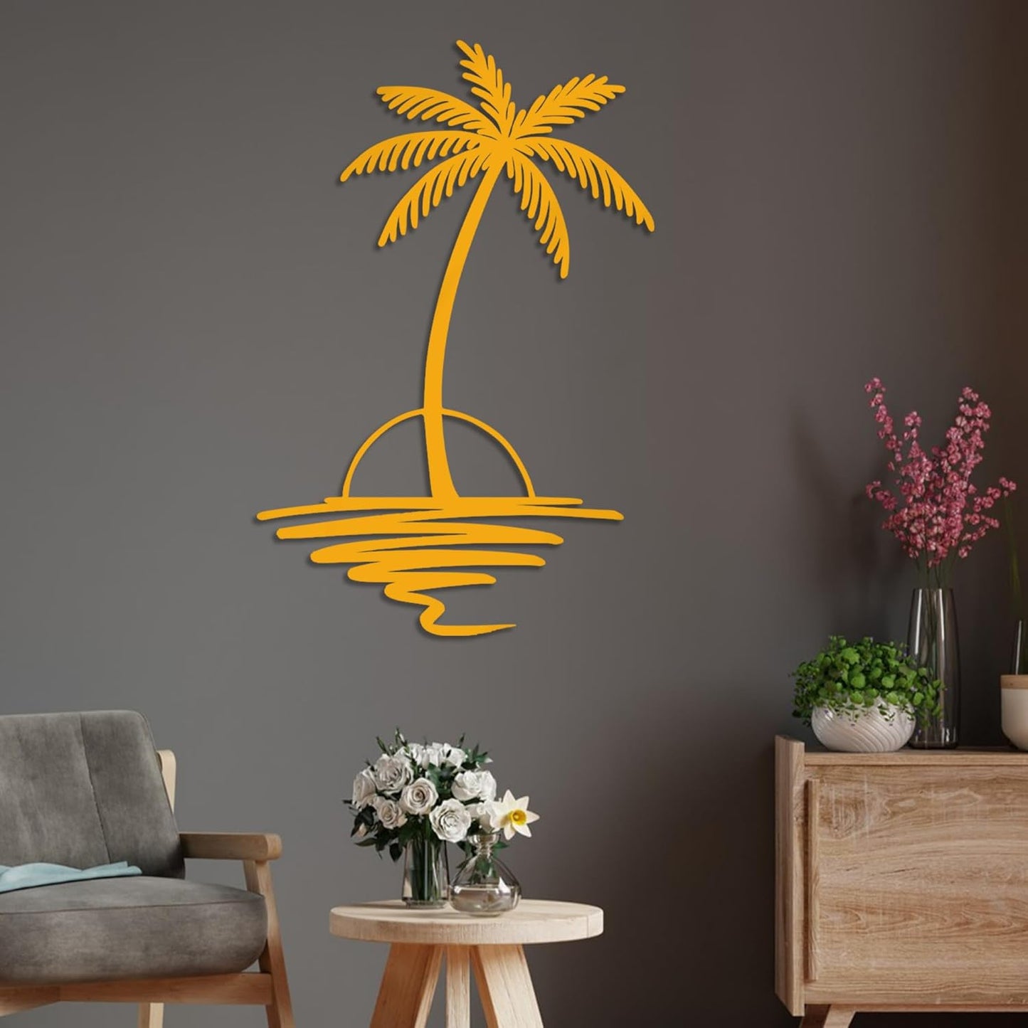 Metal Palm Tree with Sunset Wall Art, Large Outdoor Wall Decor, Tropical Beach Coastal Decor for Living Room, Bedroom, Garden Home Wall Sign, Perfect Metal Wall Art for Beach House, Coastal Theme, and Home Decoration (Gold, 40 x 33 inches)