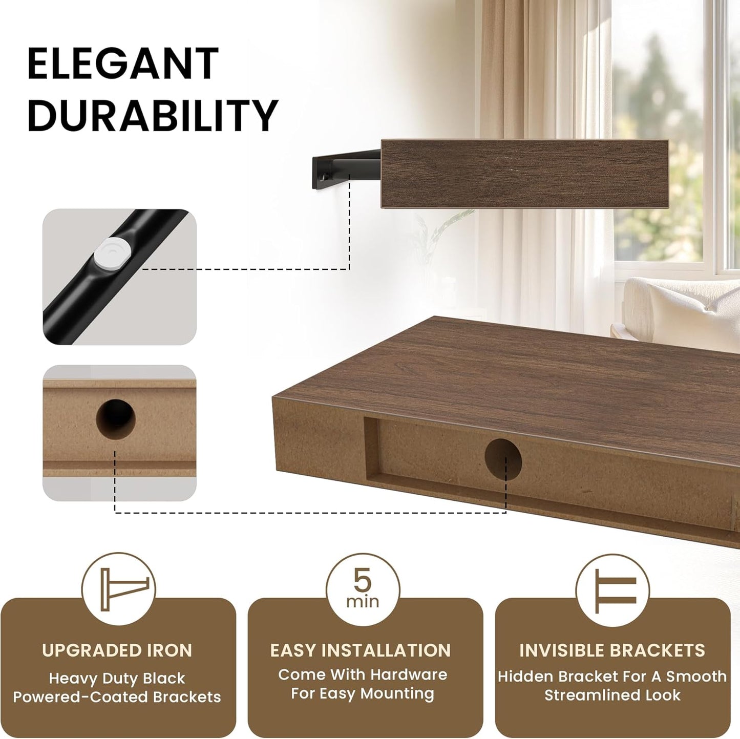Floating Shelves for Wall, 36" W x 8" D x 1.5" H, Wooden Wall Mounted Display Shelves with Invisible Brackets for Living Room, Bedroom, Bathroom, Kitchen Decor and Storage, Set of 2, Walnut