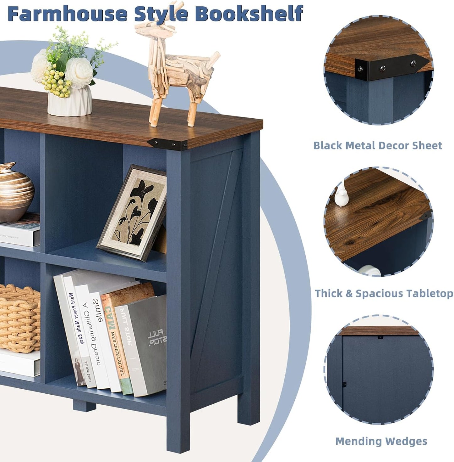 6 Cube Bookcase, Farmhouse Wood Low Storage Organizer Book Shelf, 47" Horizontal Navy Blue Console Bookshelf with Legs, Hallway Book Case for Entryway, Display Cabinet for Living Room, Office