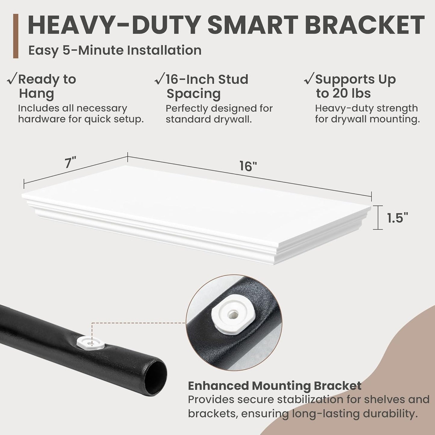 Floating Shelves for Wall, 16 Inch Wall Mounted White Hanging Shelf for Kitchen, Living Room, Office, Bedroom, Bathroom, Retro Vintage Wood Bookshelf for House Decor