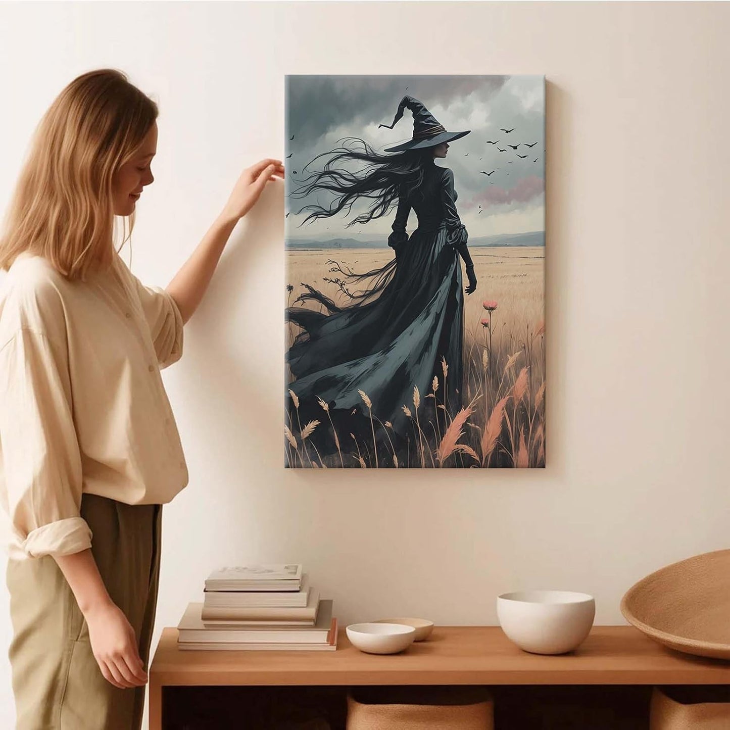 Gothic Decor Canvas Wall Art Witch in Rice Field Halloween Art Decor Print Nature Print Victorian Home Bedroom12x16in Wood Framed