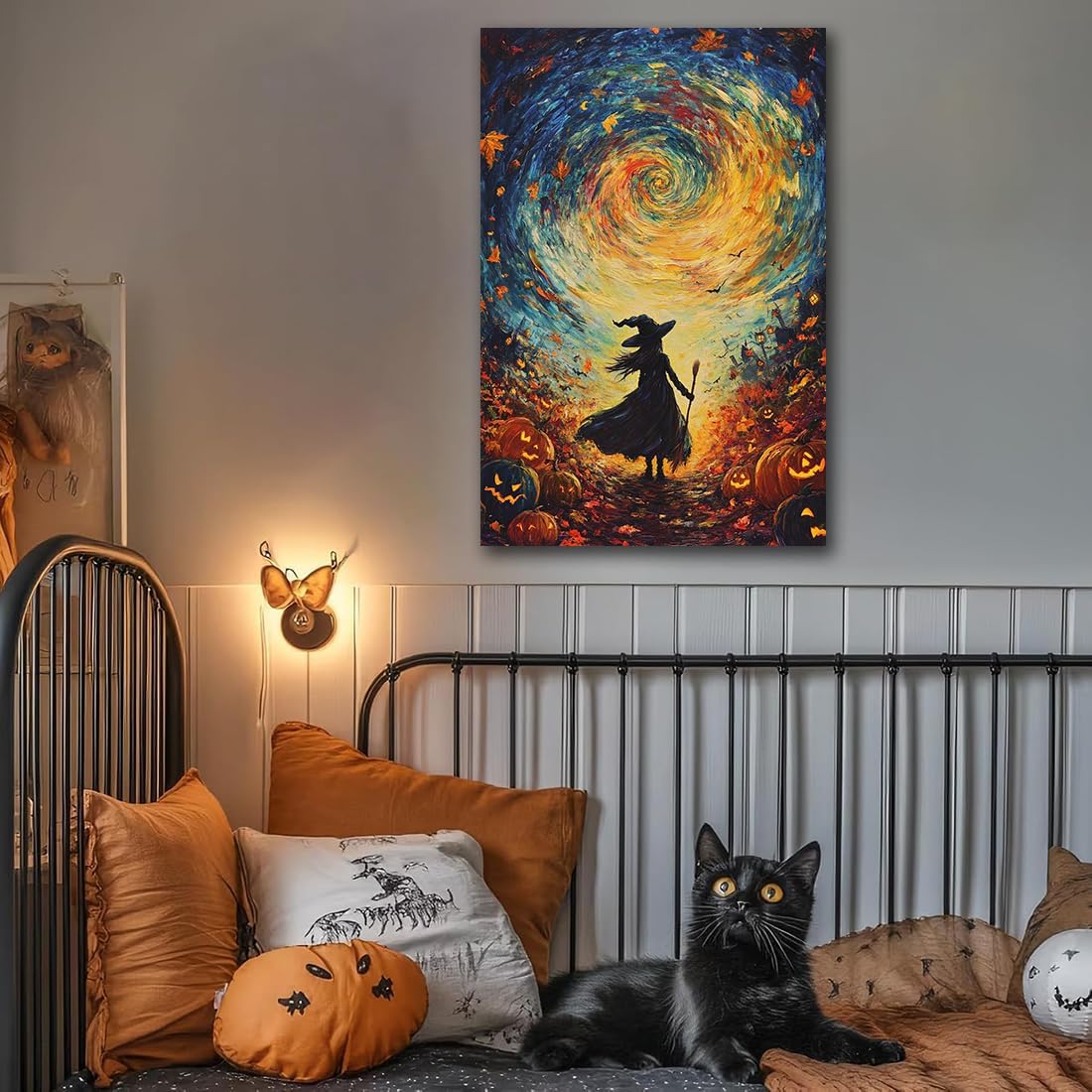 Halloween Autumn Witchy Decor Wall Art Prints,Gothic Witch in Whirlwind Autumn with Pumpkins Scene Pictures Poster,Fall Festival Home Decor Painting Canvas Poster for Bedroom Bathroom,20"x30" Unframed