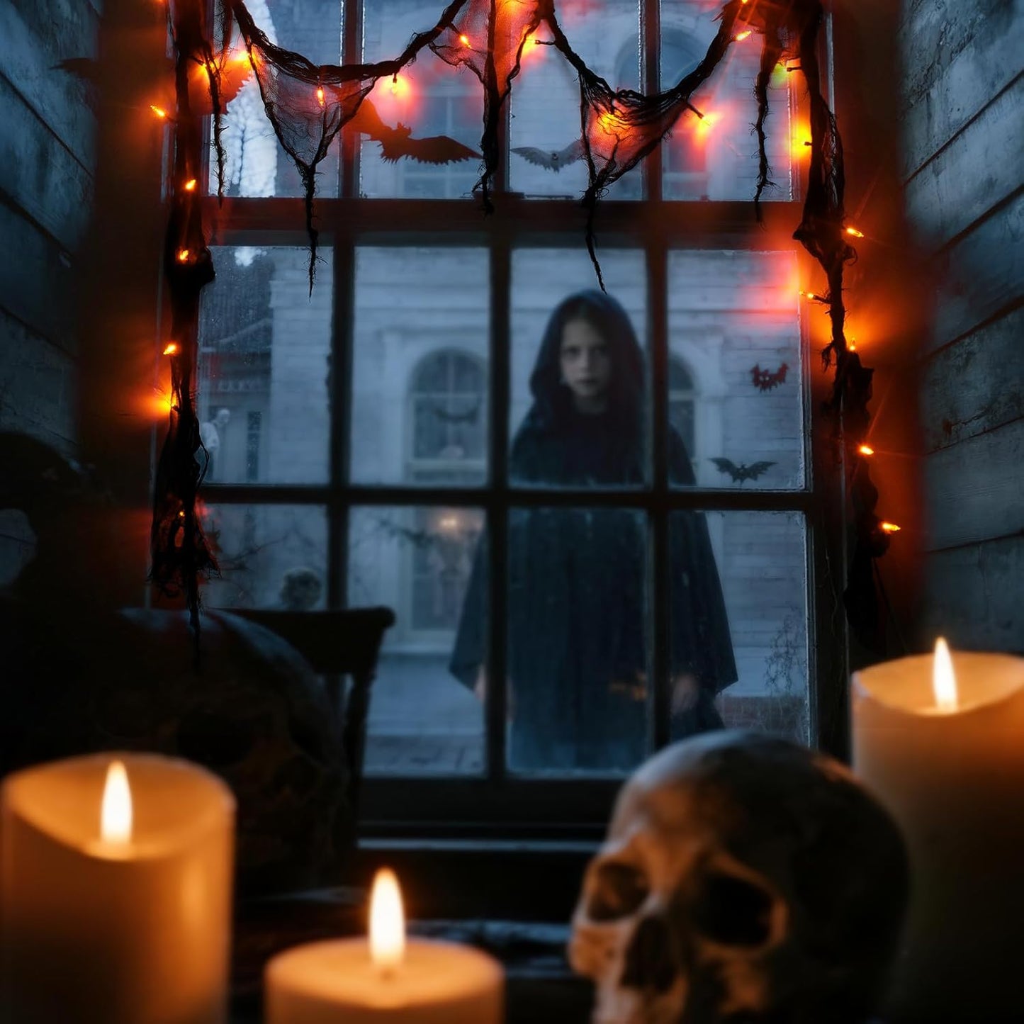 Halloween Horror Atmosphere Lights, Orange&Purple LED String Lights with 9.9FT Creepy Black Gauze, Battery Powered with Timer & 8 Flashing Modes (2 Pack Orange)