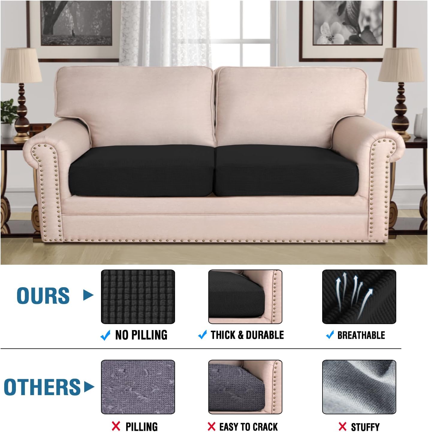 H.VERSAILTEX Super Stretch Individual Seat Cushion Covers Sofa Covers Couch Cushion Covers Slipcover Sets Thick Jacquard Textured Twill Fabric (2 Piece Large Sofa Cushion Covers, Black)