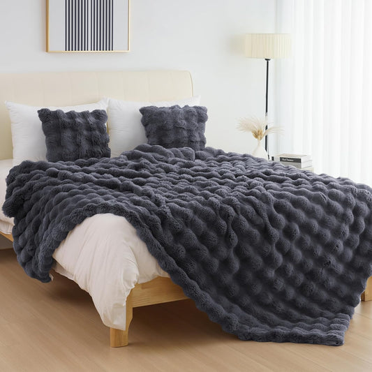 Cozy Faux Fur Throw Blanket for Bed-Warm Fuzzy Throw Blanket, Soft Plush Thick Bubble Blankets for Bedroom and Living Room, Furry Luxury Blanket, 60 x 80, Grey