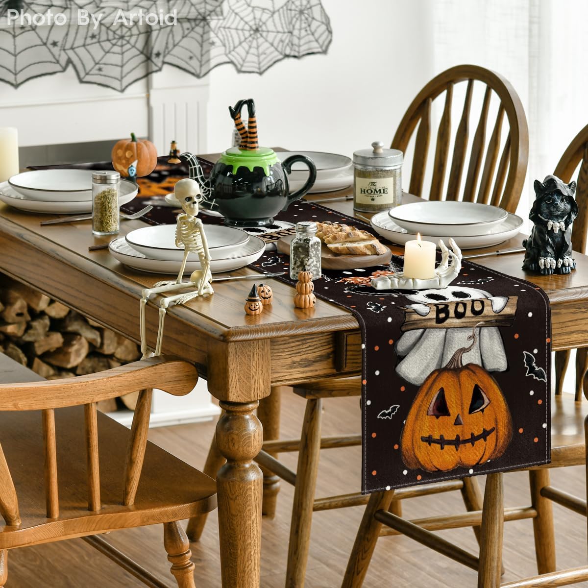 Artoid Mode Polka Dot Ghost Pumpkin Cat Boo Halloween Table Runner, Bat Seasonal Fall Kitchen Dining Table Decoration for Home Party Decor 13x108 Inch