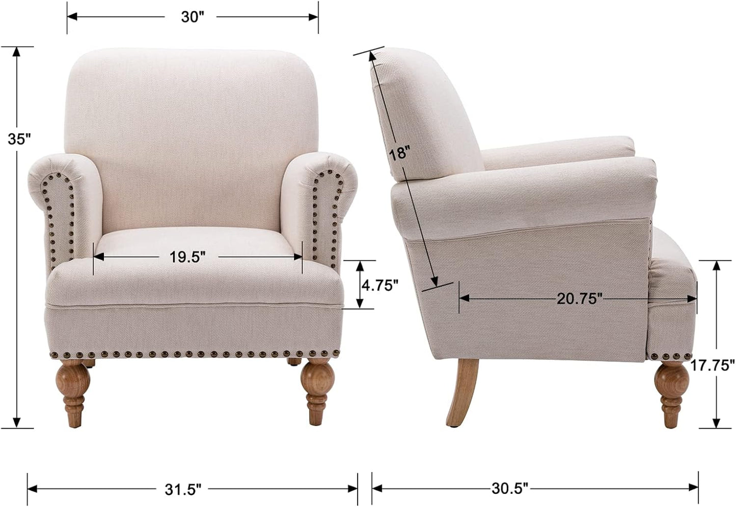 chairus Linen Accent Chair for Living Room Upholstered Mid Century Modern Single Sofa Chair with Solid Wood Legs Comfy Reading Chair Armchair for Bedroom/Office Room/Recption/Lounge, Cream