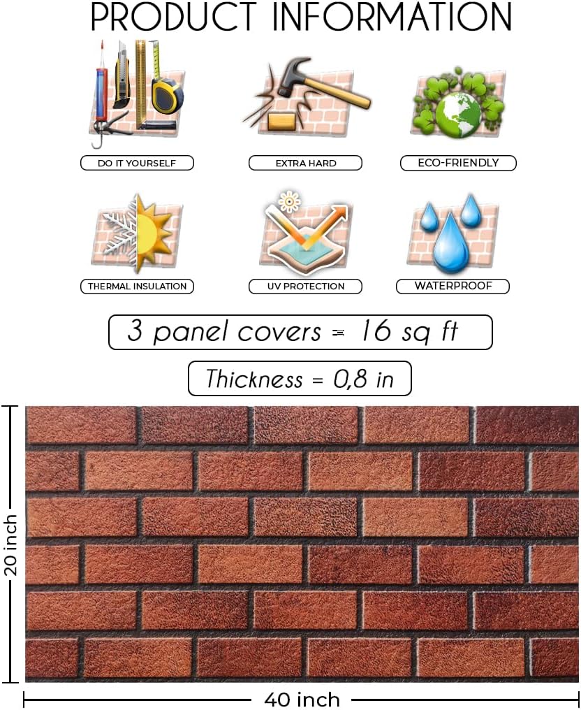 IZODEKOR 3D Brick Effect Wall Panels - Faux Brick Paneling for Living Room, Kitchen, Bathroom and More | Oldbury - Pack of 3, Covers 16 sq ft