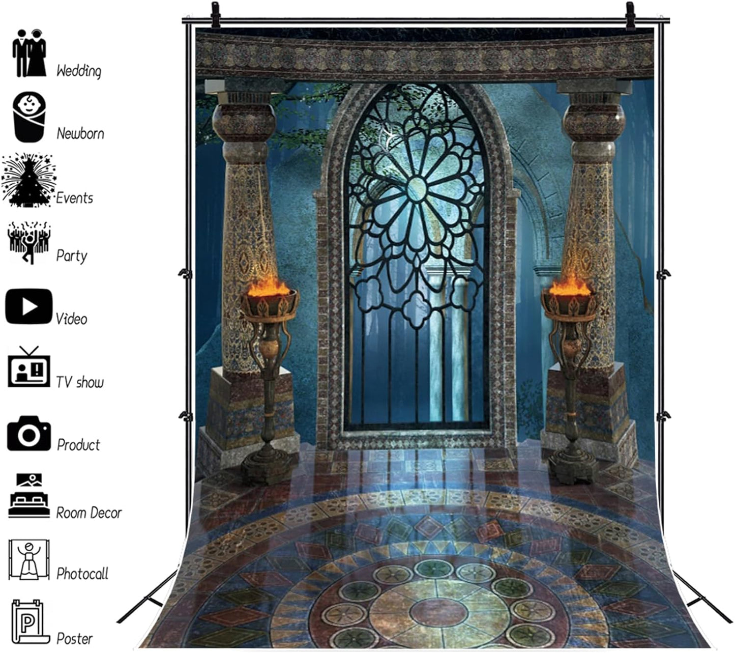 Renaiss 10x12ft Medieval Castle Backdrop for Photoshoot Portrait Pillar Torch Gothic Stone Tower Ancient Old Fortress Interior Photography Background Halloween Party Decor Wallpaper Photo Studio Props