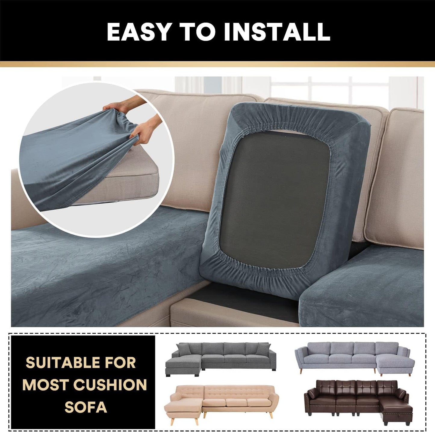 PrinceDeco 4-Piece Sectional Couch Cover Set - Thick Chaise & Couch Cushion Covers with Elastic Band for L-Shape Sofa, 3 Seater + 1 Chaise, Stone Blue