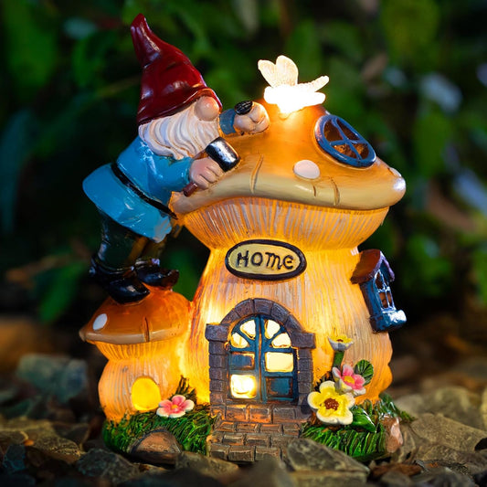 Garden Gnome Statues Figurine Lights - Solar Powered Lighting Outdoor Decorations, Gnome Build Mushroom Fairy House, Yard Art Lawn Ornaments for Porch Patio Balcony - Gnome Gifts for Women Mom