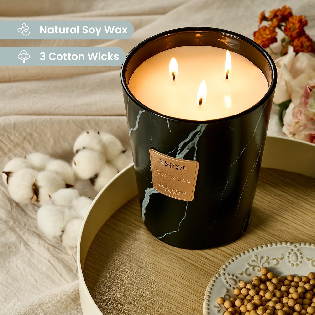 M&SENSE OudWood Scented Candles for Home, 3-Wick Highly Scented Jar Candles, Extra Large Candle 35 Oz 150 Hours Long Lasting Burning, Relaxing Aromatherapy Candle for Stress Relief, Meditation