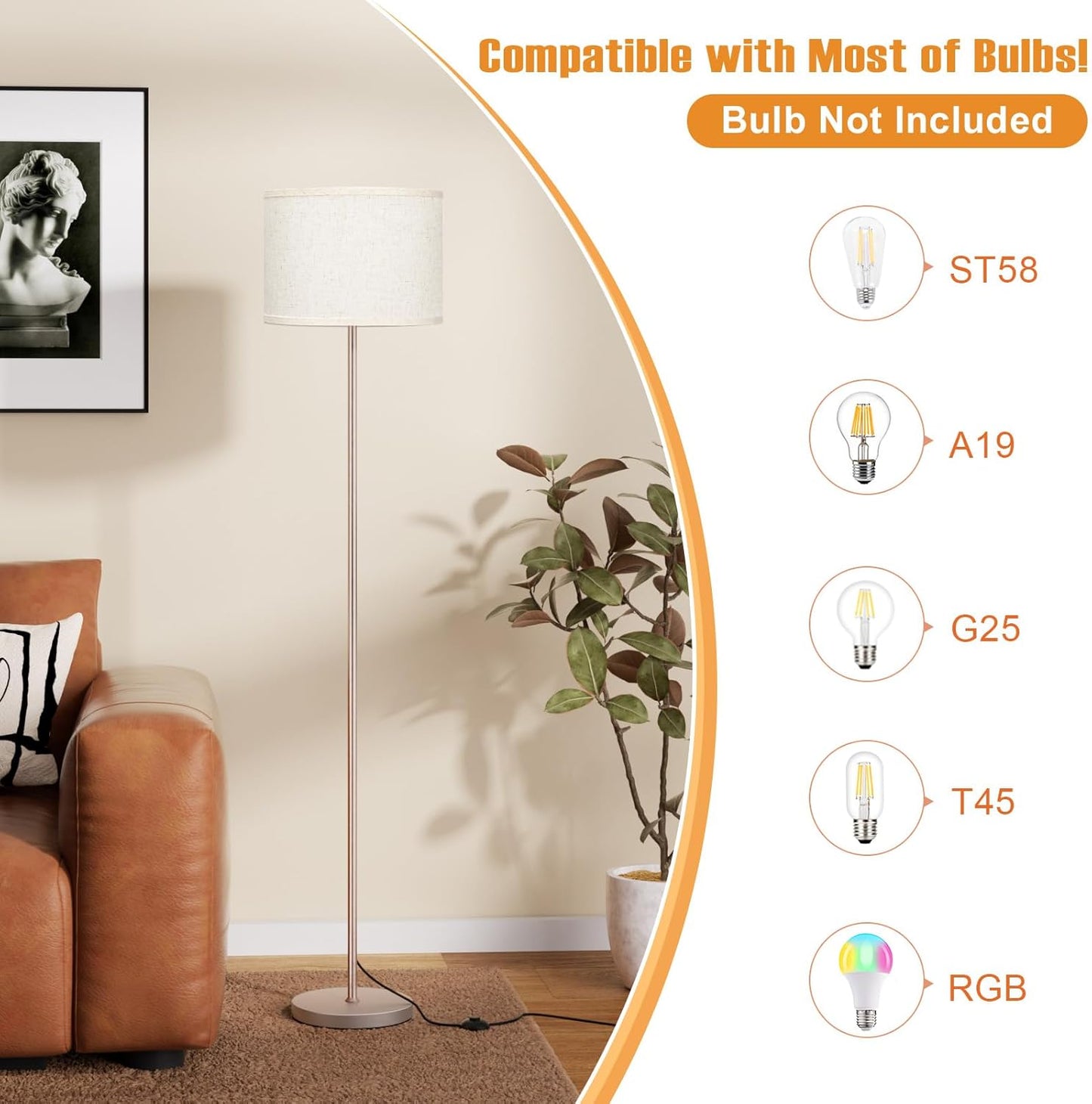 Ambimall 60'' Modern Floor Lamp with Shade, Tall Lamps for Living Room, Bedroom, Office, Dining Room, Beige Shade with Mocha Gold Pole(Without Bulb)