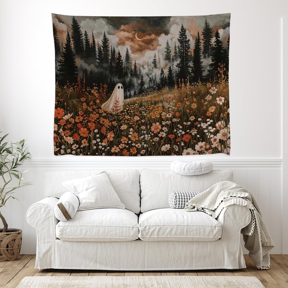 Spooky Fall Forest Art Halloween Tapestry Wall Hanging Cute and Funny Forest Flower Ghost Tapestry for Bedroom Whimsical Dark Academia Aesthetic Tapestries for Home Living Room Decor 60x80inch
