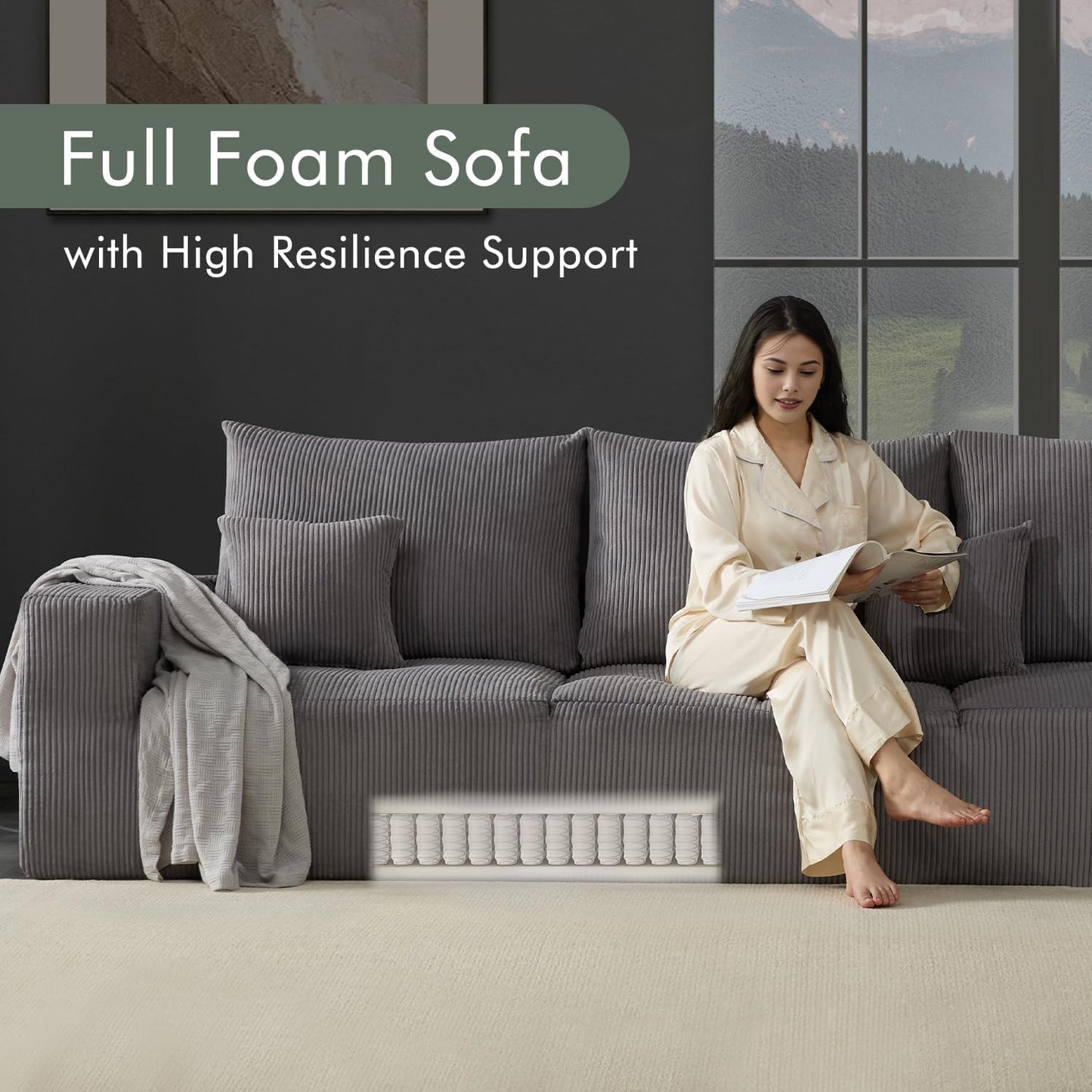 Boneless Sectional Cloud Couch Sofa for Living Room, 112" U-Shaped Modular Modern Lounge Sleeper Grey Couches with Chaise, No Assemble, Cordury Compression Upholstered Sofas