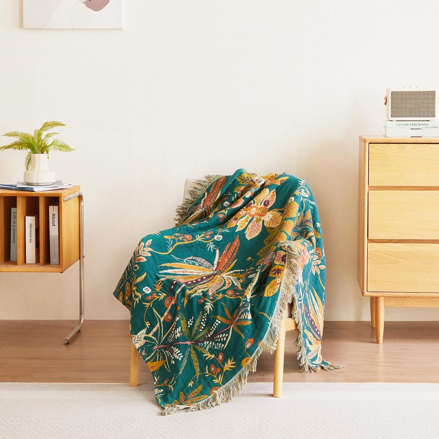 MSGKV Boho Throw Blanket for Couch Bed Chair 100% Cotton Muslin Breathable Embroidery Blanket 50"x60" Sofa Blankets for All Seasons Lightweight Farmhouse Blankets Boho Home Decor