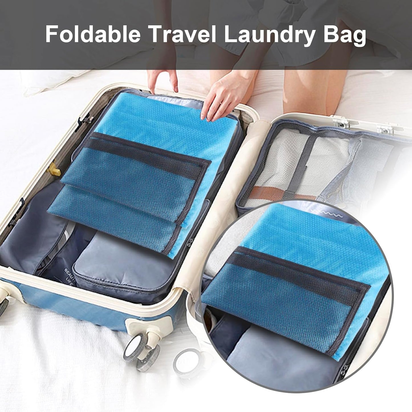 Femuar Laundry Bag Backpack Durable Laundry Bag with Shoulder Straps and Mesh Pockets Portable Laundry Dirty Clothes Hamper Bag for College Dorm (Blue)