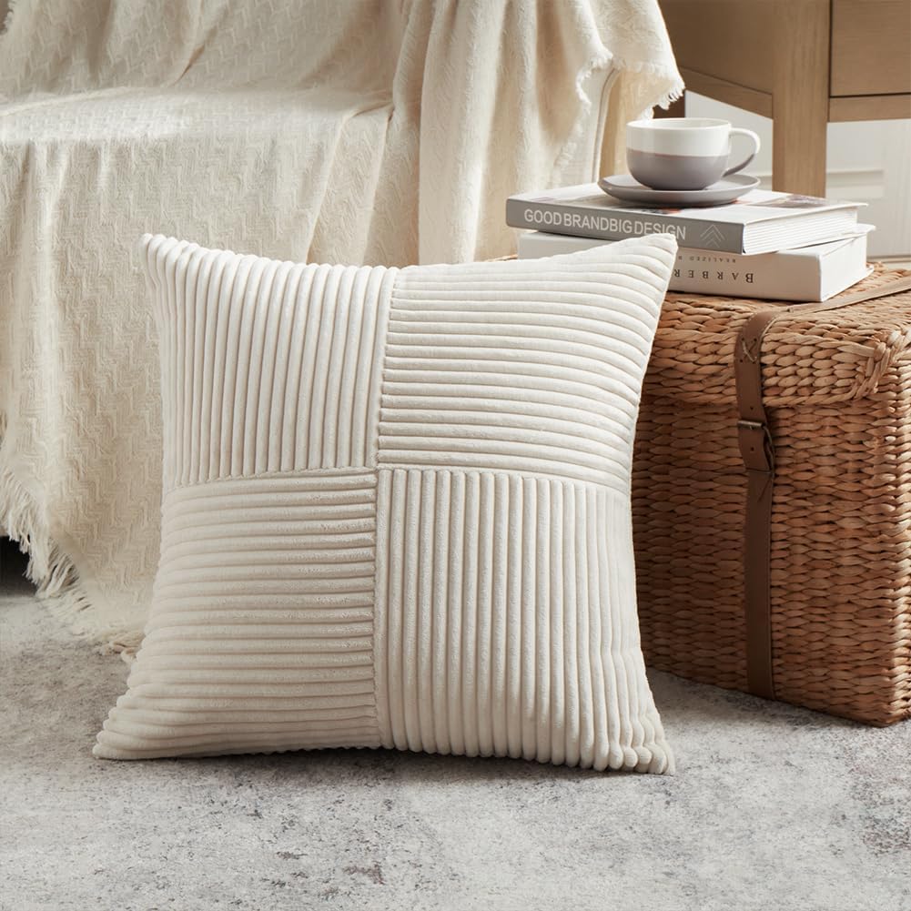 Fancy Homi 2 Packs Cream Decorative Throw Pillow Covers 20x20 Inch for Living Room Couch Bed Sofa, Rustic Farmhouse Boho Home Decor, Soft Corss Corduroy Patchwork Accent Square Cushion Case 50x50 cm