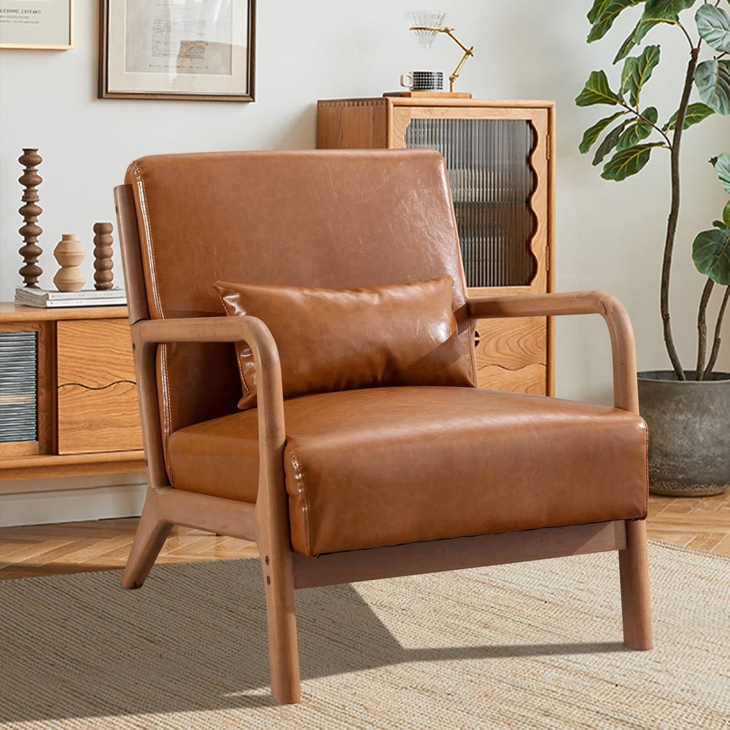 INZOY Mid Century Modern Accent Chair with Wood Frame, PU Leather Reading Armchair with Waist Cushion, Upholstered Living Room Chairs for Bedroom Sunroom (Camel)