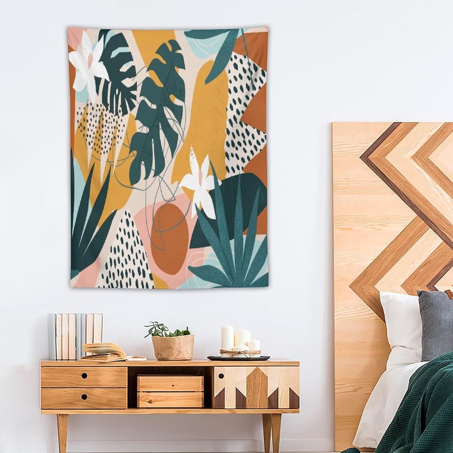 Abstract Bohemian Mid Century Tapestry, Tropical Leaves Modern Geometric Archway Minimalist Bohemian Botanical Aesthetic Wall Hanging, Sage Green Gold Home Decor Art for Bedroom 40x60 Inch